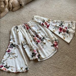 Cream floral off-the-shoulder top w/ bell sleeves